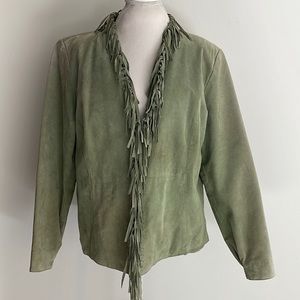 Dialogue Suede Genuine Leather Pale Green Fringe Jacket